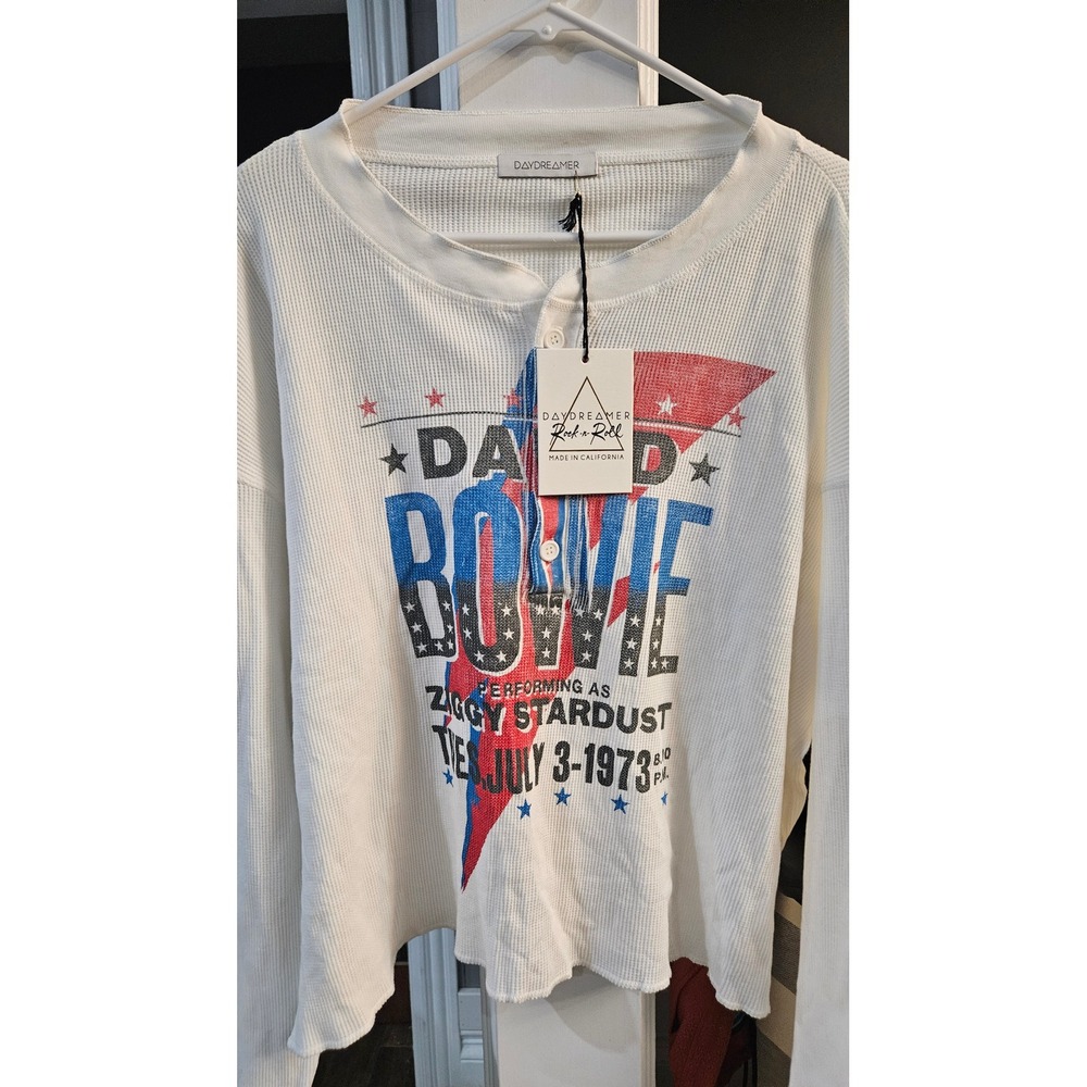 NWT Indie Daydreamer David Bowie Ziggy Stardust Waffle Thermal Henley White L
